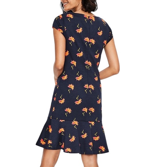 NWT Boden Rosetta Navy Blue Yellow Floral Ponte Knit Ruffle Dress - 6 - Picture 2 of 15